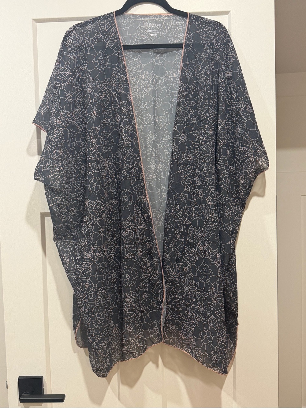 Floral Sheer Kimono Swim Coverup - Black with White Outline